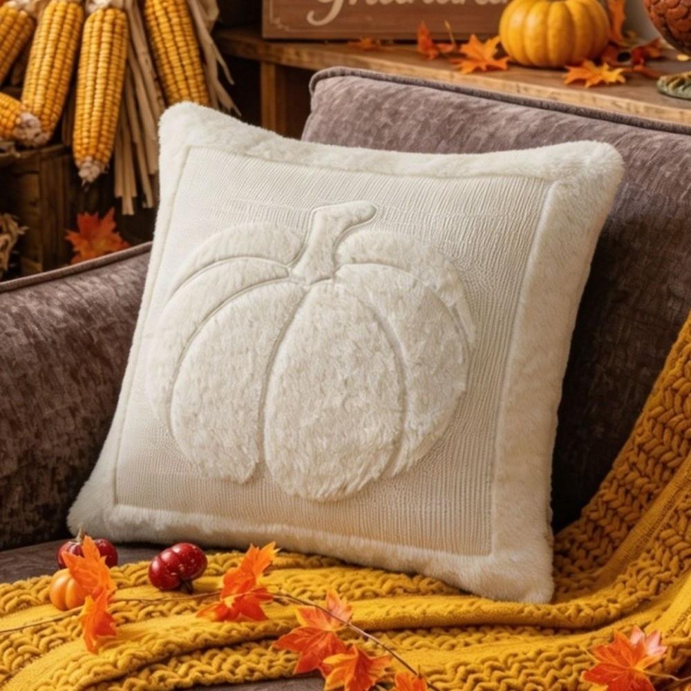 Soft Plush Fabric Throw Pillow Covers Pumpkin Pattern Faux Wool Cushions  Living Room Bedroom