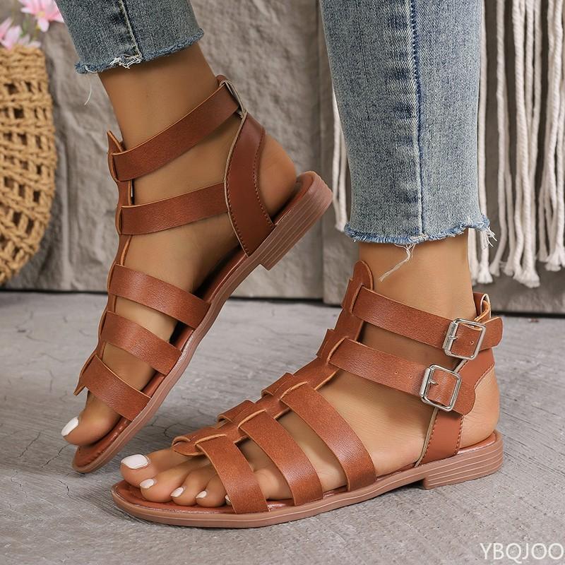 Fashion Large Roman Sandals New Flat Bottom Non Slip Hollow Wear Resistant Beach Style Sandals Solid Color Platform Zapatos De Mujer