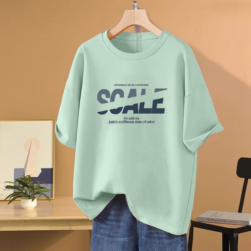 Damen Trendiges Baumwoll Kurzarm Rundhals Bedrucktes T-Shirt für Sommer