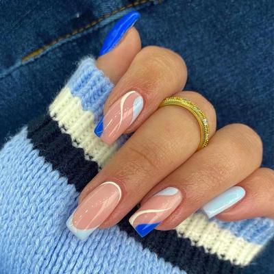 Wearable Nail Piece Blue French White Wave Nail Piece Finished Removable Press On Nails