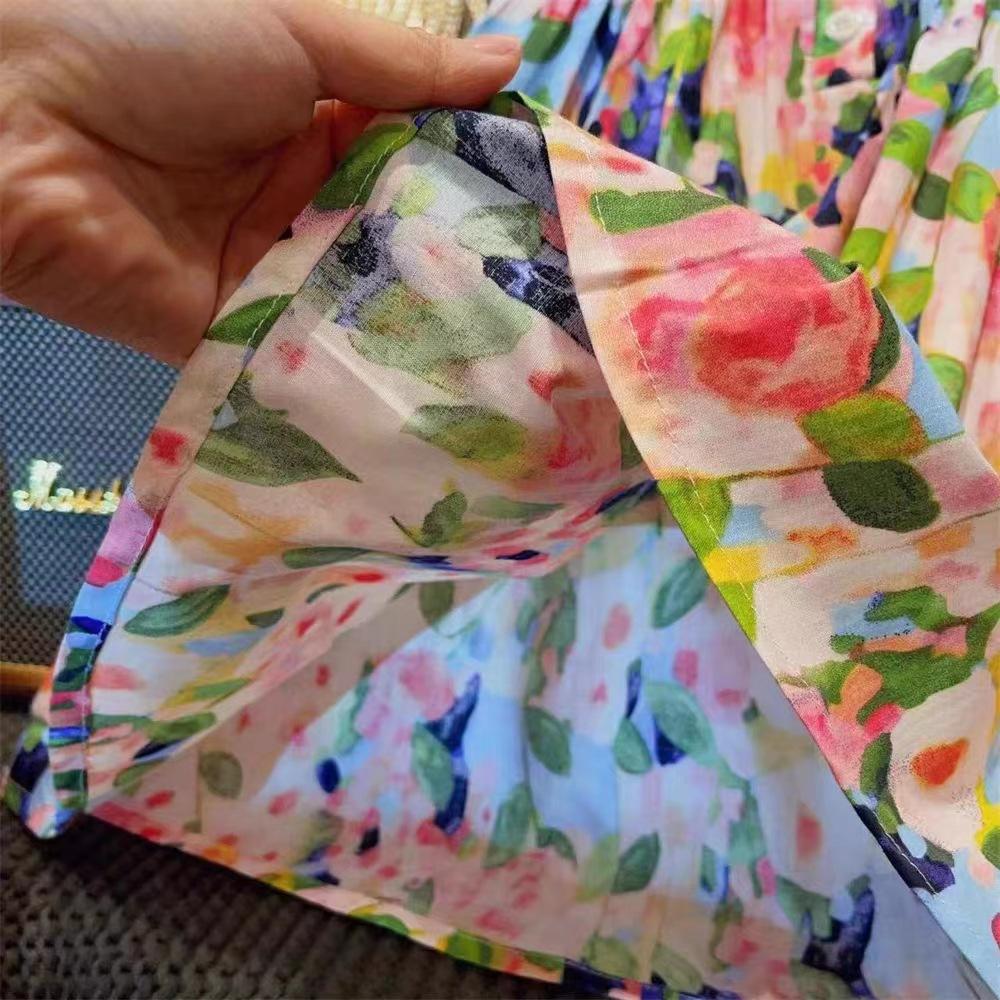 Girls Summer Oil Painting Floral Dress Cute Flutter Sleeve Princess Vest Dress Fresh And Stylish Children Party Sundress