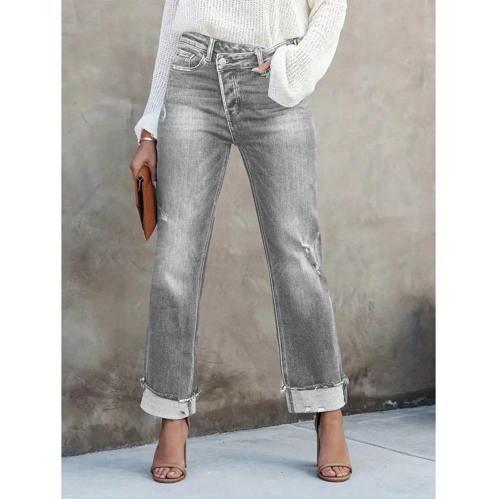 High Waist Stretch Denim Jeans for Women Solid Color Slim Straight Pants Pantalones de mujer