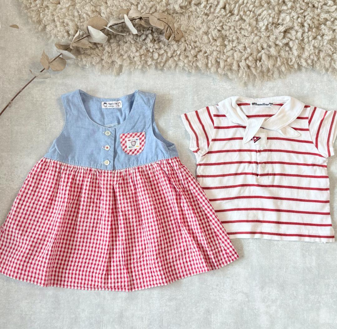 

[USED] Familiar 2 piece set, red check dress, sailor collar, striped, size 90