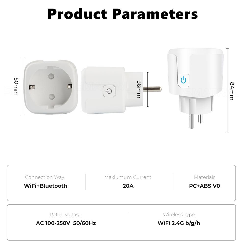 20a/16a Tuya Wifi Eu Smart Plug Outlet 220v Power Monitor Wireless Socket Remote Timer Electrical Control For Google Home Alexa