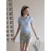 [Qiao Mi] Korean Shoulder Polo Shirt Women's Ice Silk Knitted Short-sleeved T-shirt Summer Small Lapel Top