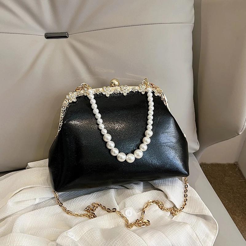 

Роскошные сумки через плечо для женщин, французские золотые сумки через плечо с жемчужной цепочкой и зажимом для ракушек, маленькая сумка