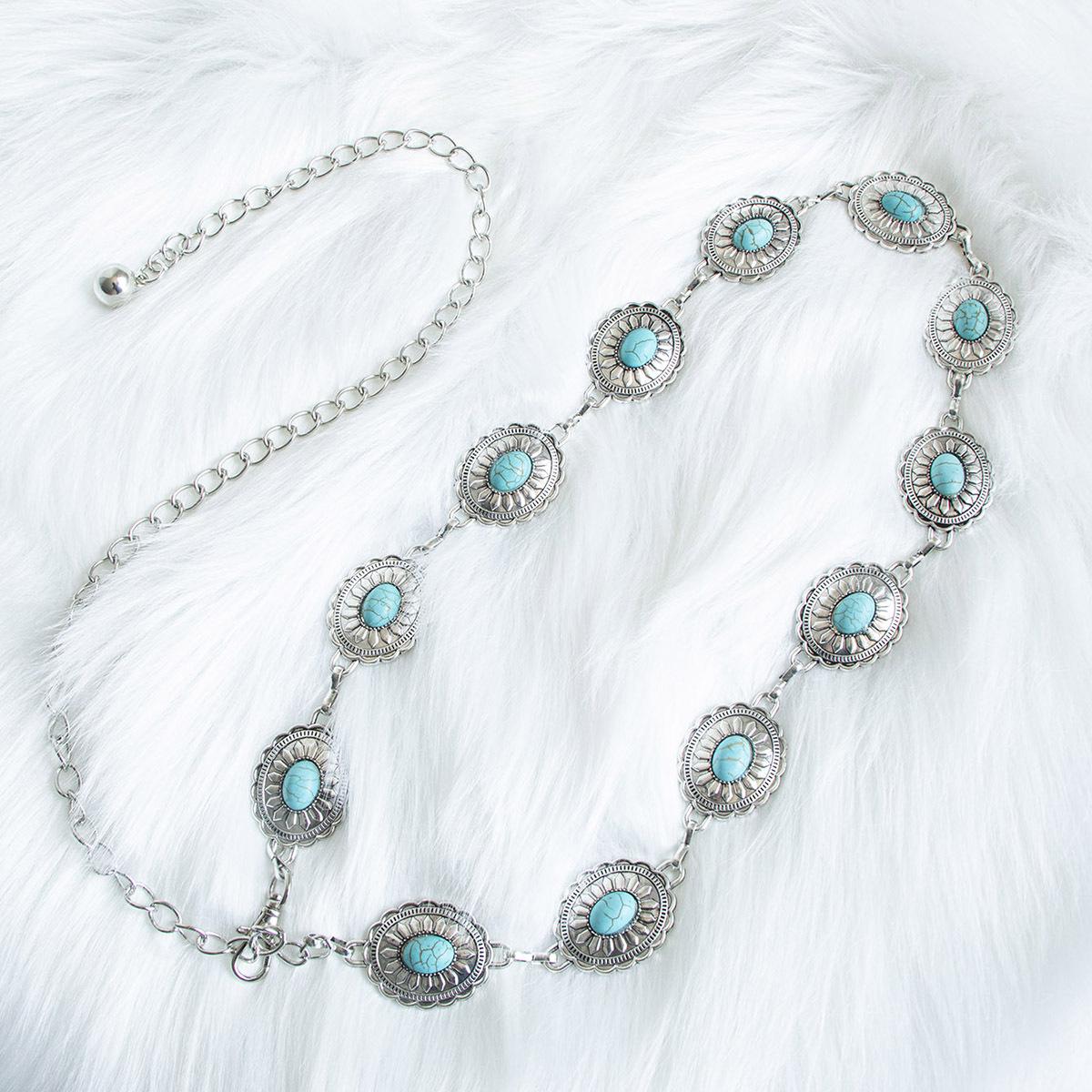 

«Элегантная ретро-бирюзовая металлическая цепочка на талию для женщин в стиле бохо — изысканный модный пояс»