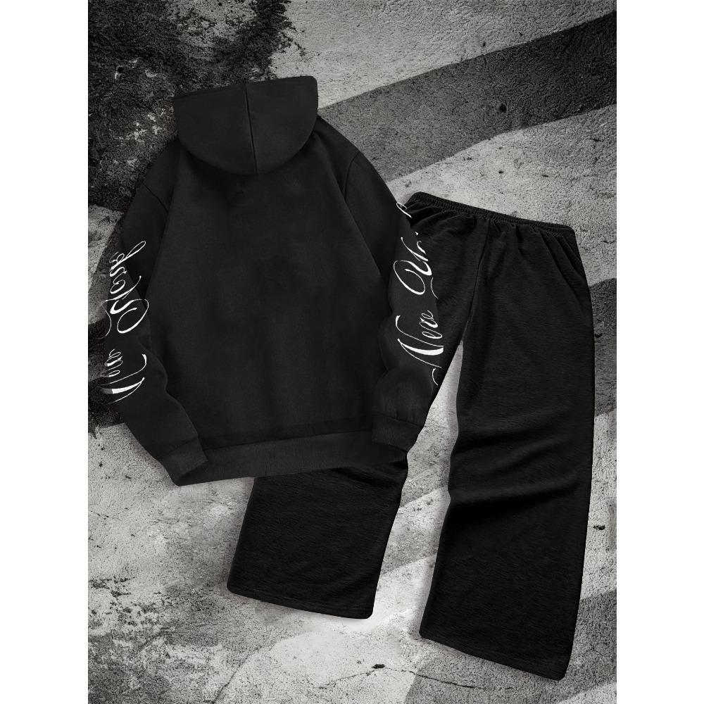Men's Autumn and Winter Sports Shirt Set, Classic Letter Pattern Print, Drawstring Hooded Sports Shirt and Drawstring Casual Sports Pants