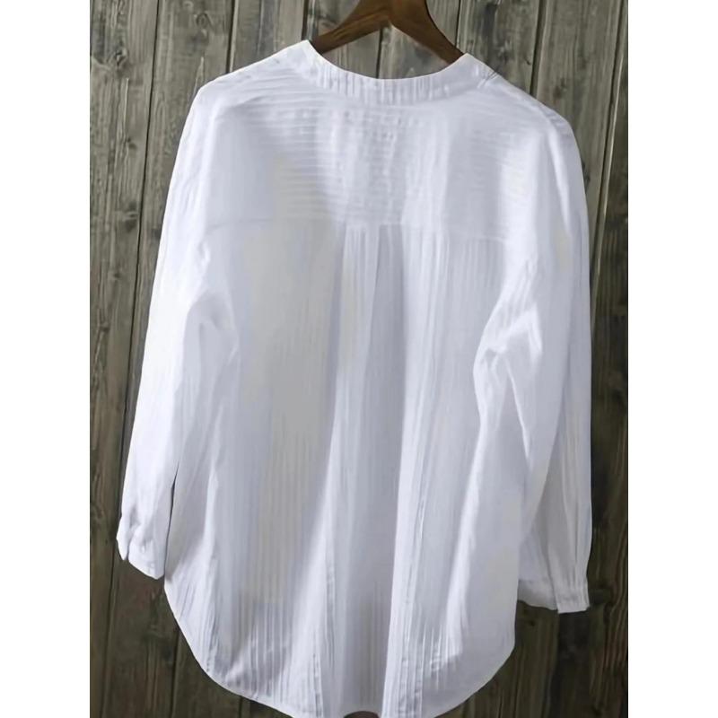 Plus Size Women White Loose Casual Round Neck Three Quarter Sleeve Shirt
