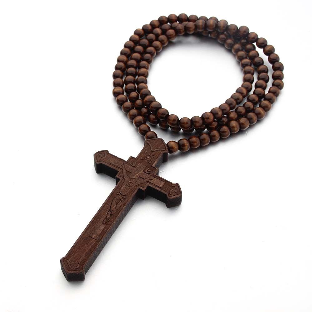 Religious Wood Beads Necklace Wood Crucifix Pendant Chain Handmade Rosary Necklace  Church