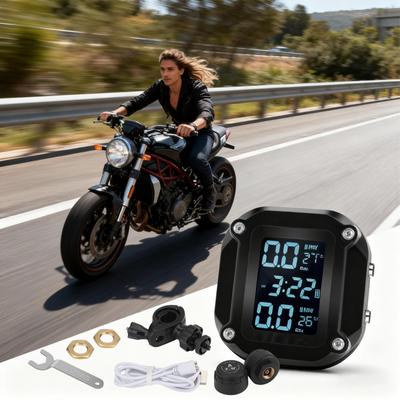 Tire Pressure Monitor System LCD Display Detector Waterproof Tire Pressure Alarm with External Sensor for Motorcycle Bike ATV