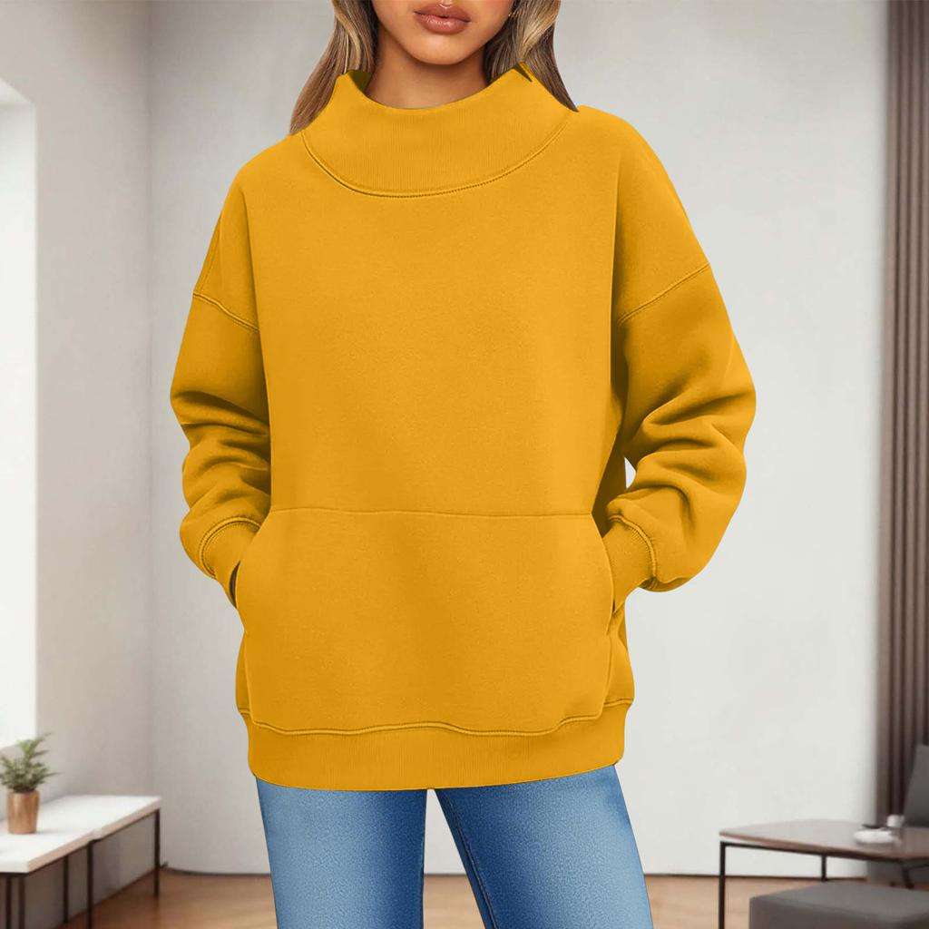 Women's Fashionable Casual Solid Color Round Neck Long Sleeved Pocket Sports Casual Pullover Sweatshirt Top