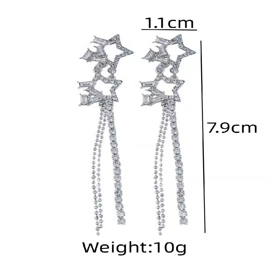 2 Pieces of Women's Fashionable Long Diamond Studded Star Tassel Earrings, Earrings, Banquet and Party Accessories