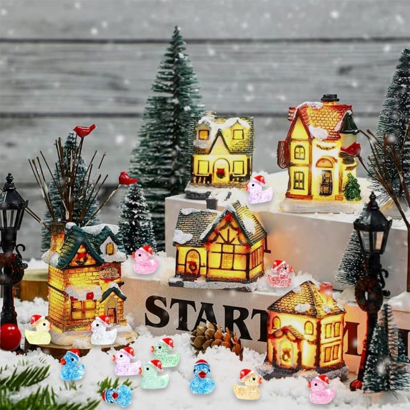 10/50 PCS Christmas Mini Glitter Ducks Colorful Tiny Small Little Resin Duck Figures with Christmas Hat for Landscape Home Decor