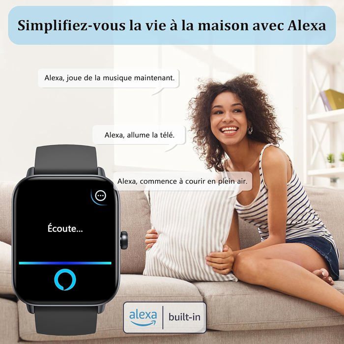 Montre Connectée KALINCO avec Alexa Intégré,1,8 Smartwatch avec Appel Bluetooth,Podometre/Fréquence Cardiaque/Sommeil/SpO2,100+ M