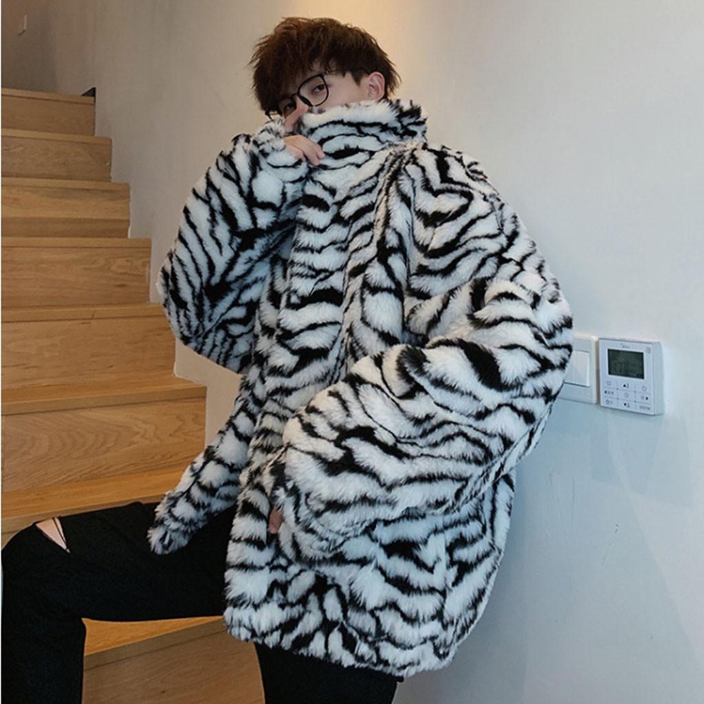 Men Leopard Winter Warm Fashion  Outdoor Woolen Faux-Fur' Coat Collar OverCoat