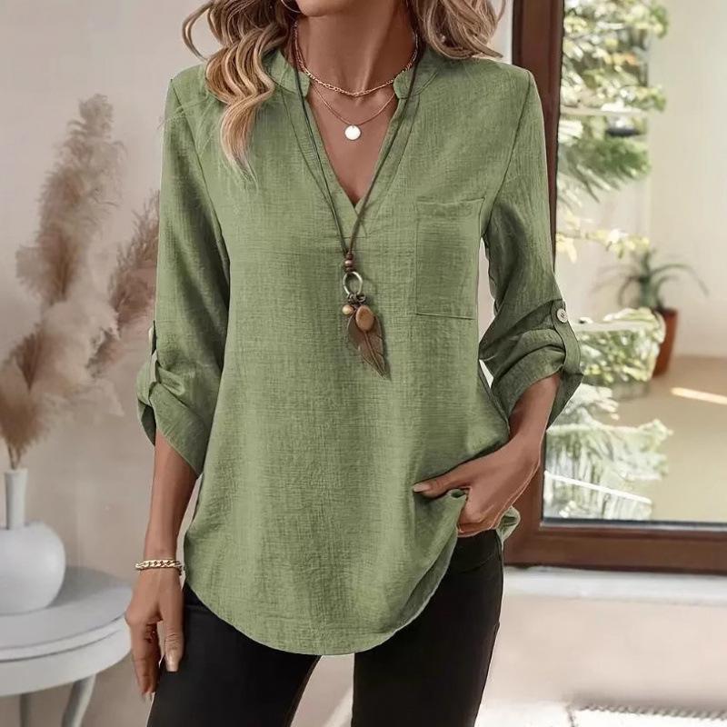 Spring/Summer 2026 European & American Women's Plus Size V-Neck Solid Color Casual Loose Shirt