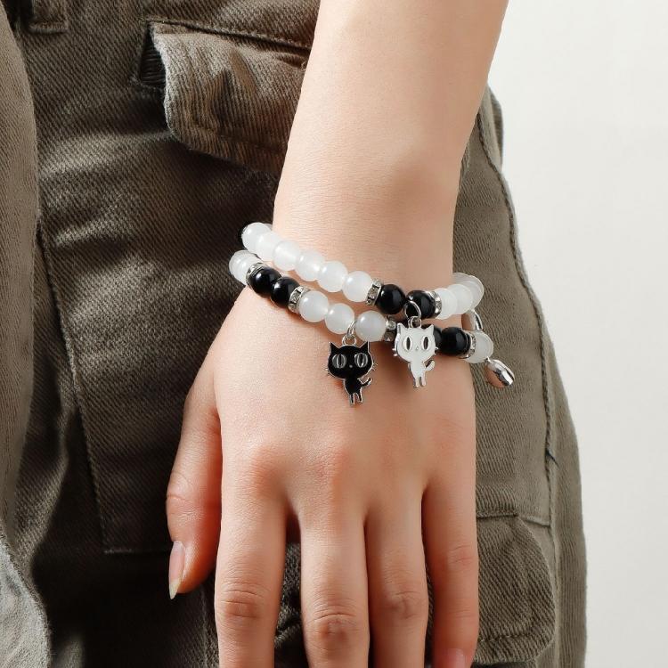 2Pieces Elegant Crystal Bead Bracelet Magnetic Clasp Handchain for Couples Adjustable Matching Wristbands Accessory