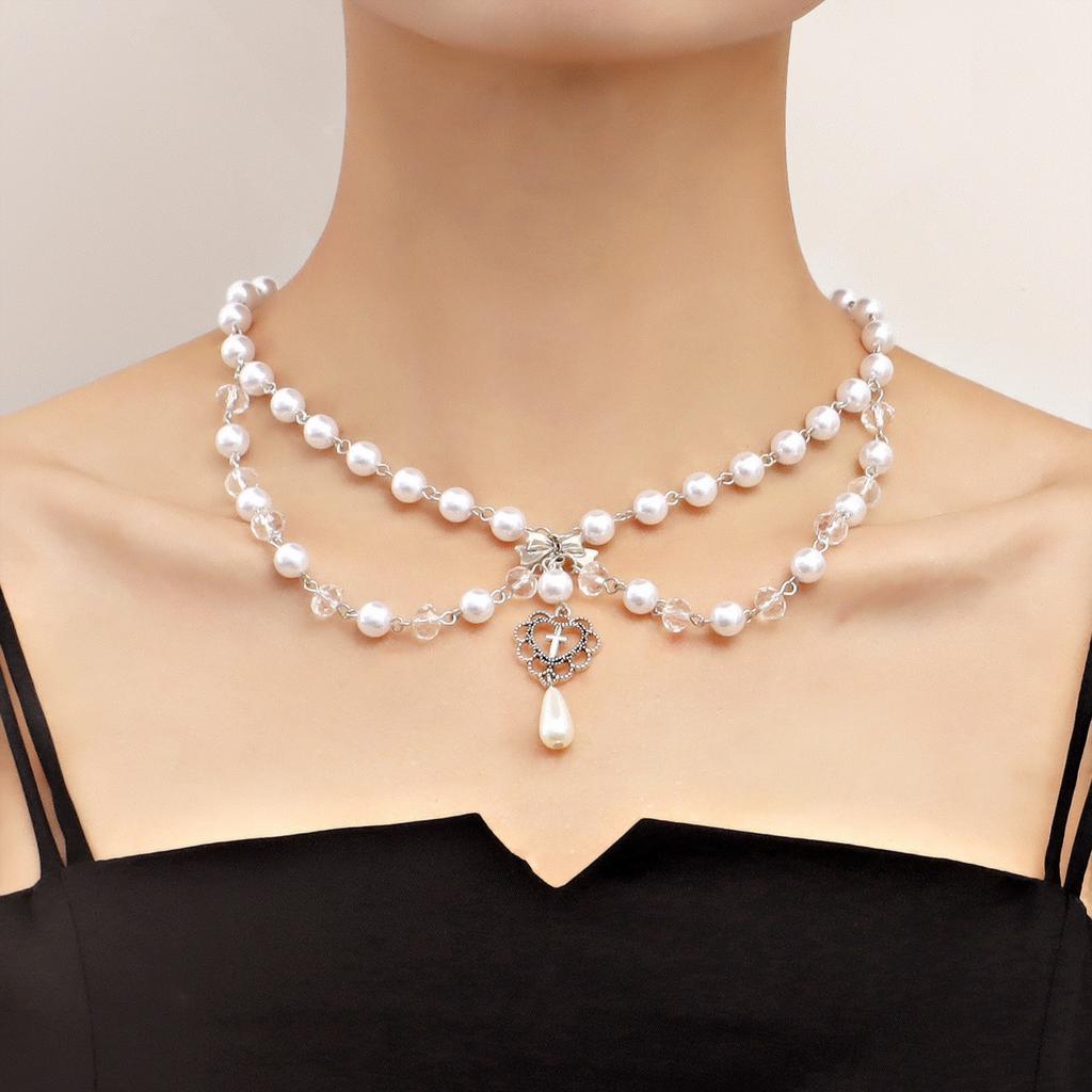 Design Double-layer Bright Imitation Pearl Tassel Love Butterfly Cross Necklace Versatile