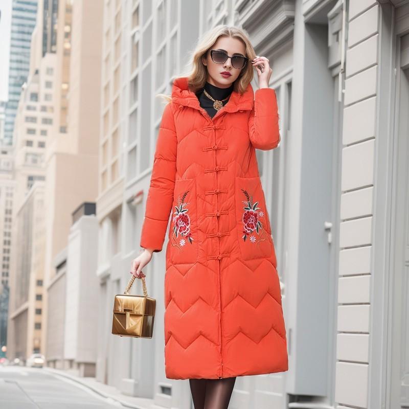 Womens Long Warm Cotton Coat With Embroidery Toggle Loose Fit Winter Outerwear In Floral