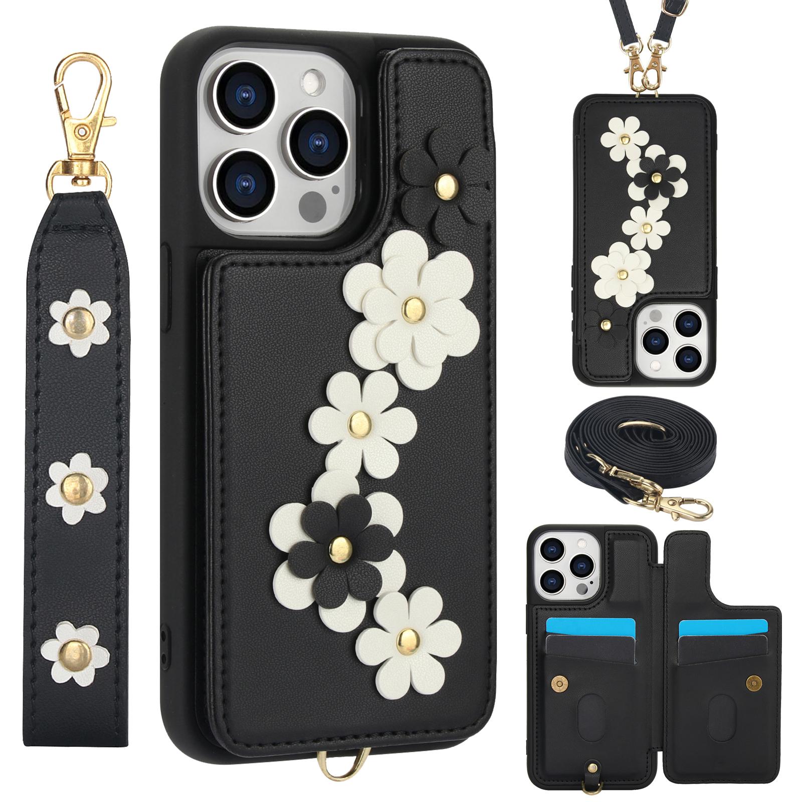 

SY-001 For iPhone 16 Pro Max Case Card Slots Leather Coated TPU Flower Phone Cover A