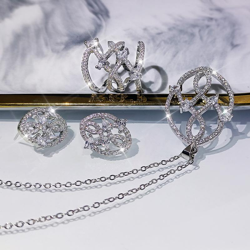 Creative Retro Versatile Tree Leaf Stud Earrings Plated With Platinum Zircon Ring Necklace Women'S Jewelry Three-Piece Set