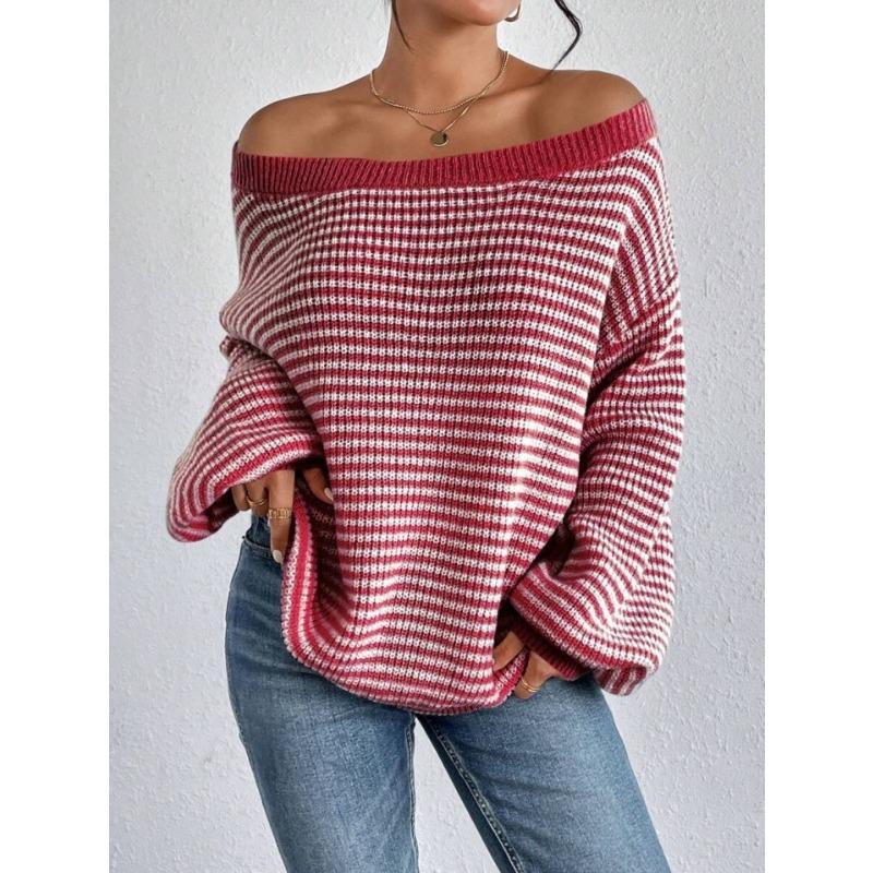 Fashion One-word Neck Striped Off-the-shoulder Knitted Women Sweater Autumn and Winter Pullover Loose Simple Office Sweaters Casual Long Sleeve Tops