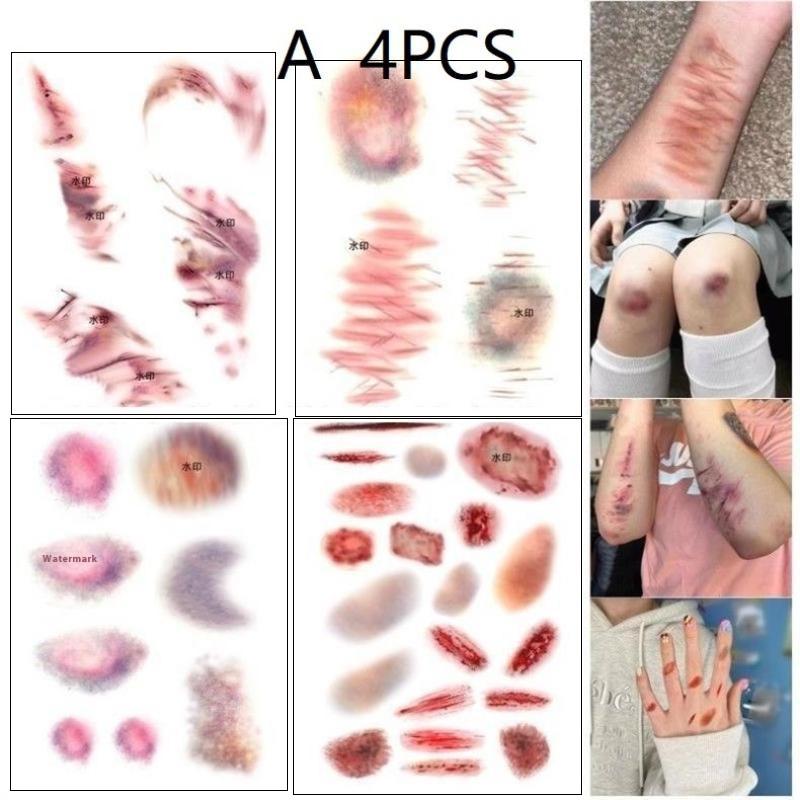 

4 листа временных татуировок на Хэллоуин, имитирующих раны и синяки, для косплея, водостойкие наклейки-тату со шрамами для рук и лодыжек, долговечные поддельные татуировки A