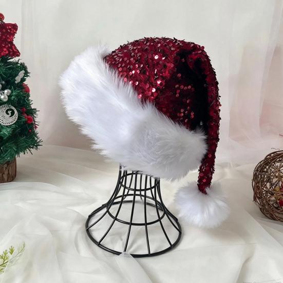 Christmas Decoration for Holiday Events Sparkly Santa Hat Women Men, Glitter Sequin with White Fluffy Trim Gift Friends Family And Pom Pom,