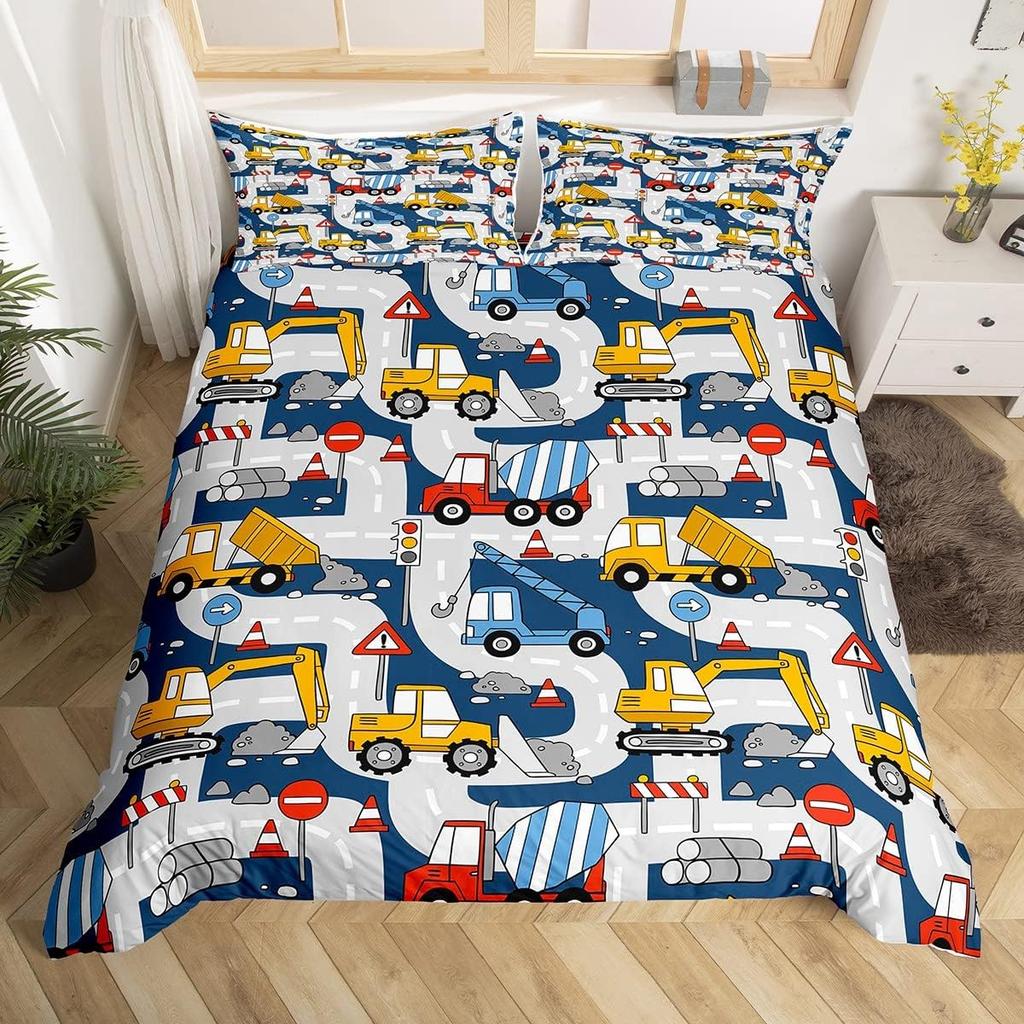 Colorful Cartoon Car Duvet Cover Set Twin King Train Truck Police Car Print Quilt Cover Cartoon Vehicle Bedding Set For Boy Teen