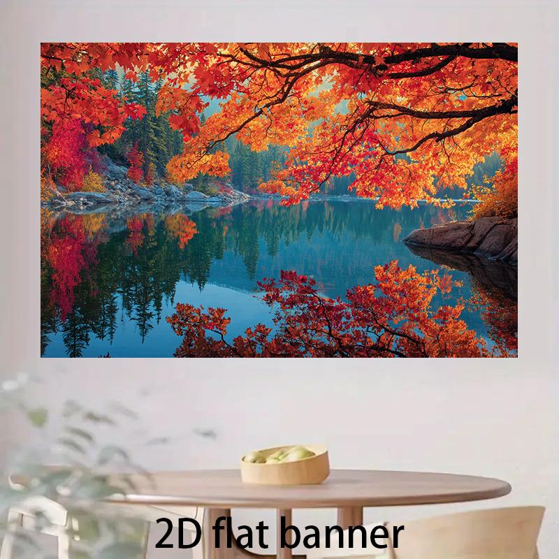 2D Plane, 1 Piece of Autumn Forest Lake Fallen Leaves - Red, Pumpkin and Violet