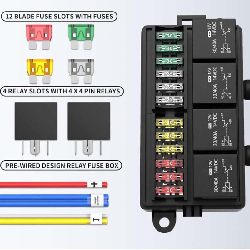 12V Sicherungsrelaisbox mit 4 Relais und 12 ATCATO-Sicherungen Vorverdrahtet mit ABS-Gehäuse für Fahrzeugelektrik
