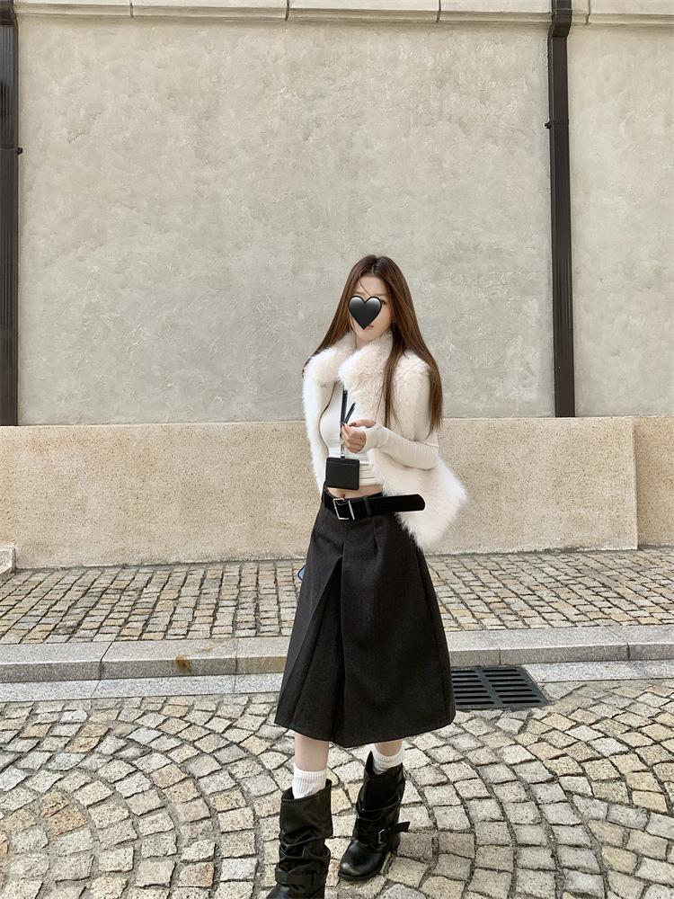 Korean Style High Waist Woolen A-line Midi Skirt - Women's Versatile Autumn/Winter Slimming Casual Skirt