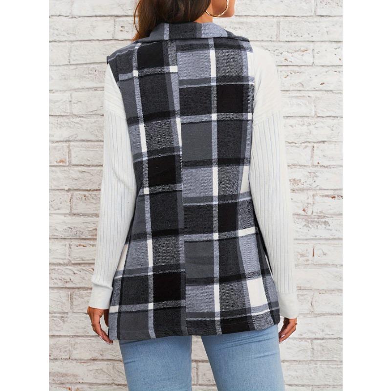 YYFS Women's Fashion Casual Plaid Print Autumn Winter Sleeveless POLO Neck Jackets & Coats