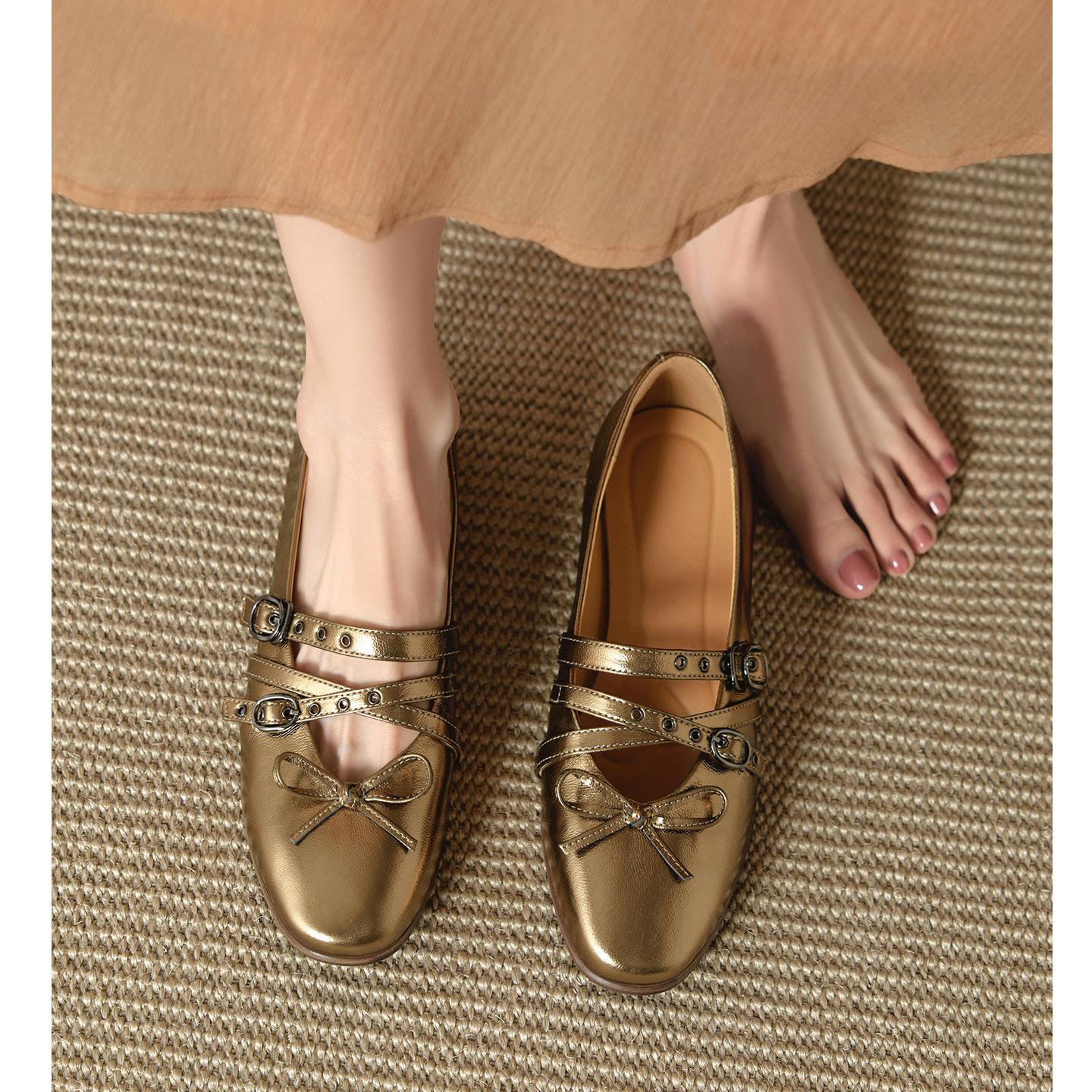 

Sheepskin version~ Flat French Mary Jane shoes women s autumn ballet pop gold and silver one-word buckle strap single shoes 35
