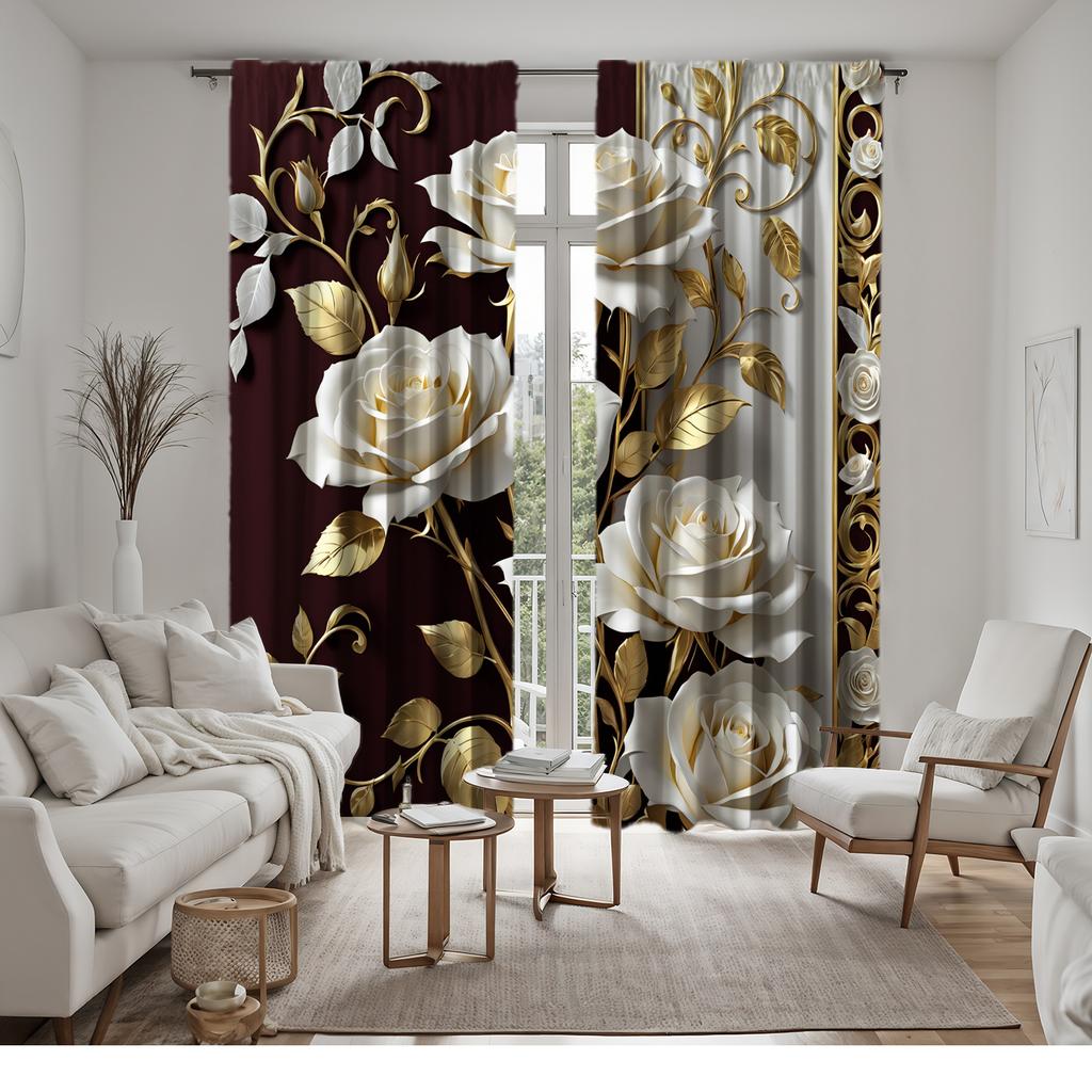 White Rose Gold Leaf Curtains Hd Print Pocket Rod Top Living Room Bedroom Study Polyester Decor Sheer Made Of Great Window Treatment