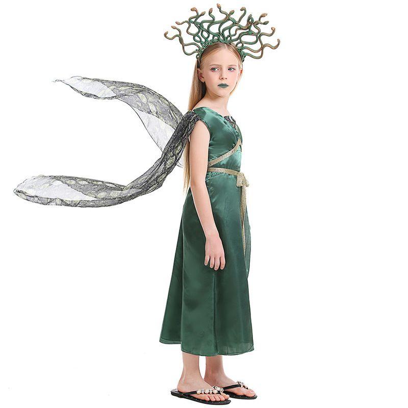 Fantasia de Halloween Encantadora de Medusa para Meninas com Saia Verde e Adereço de Cabeça