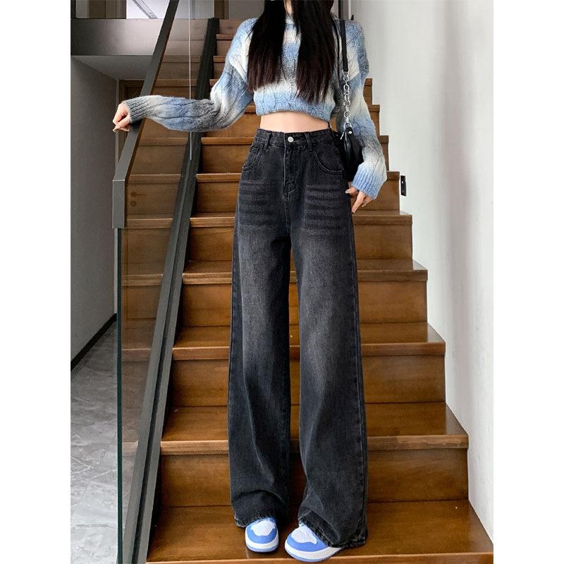 Fleece Straight Jeans for Women, Autumn and Winter New Brown Coffee High-waisted Narrow Wide-leg Pants