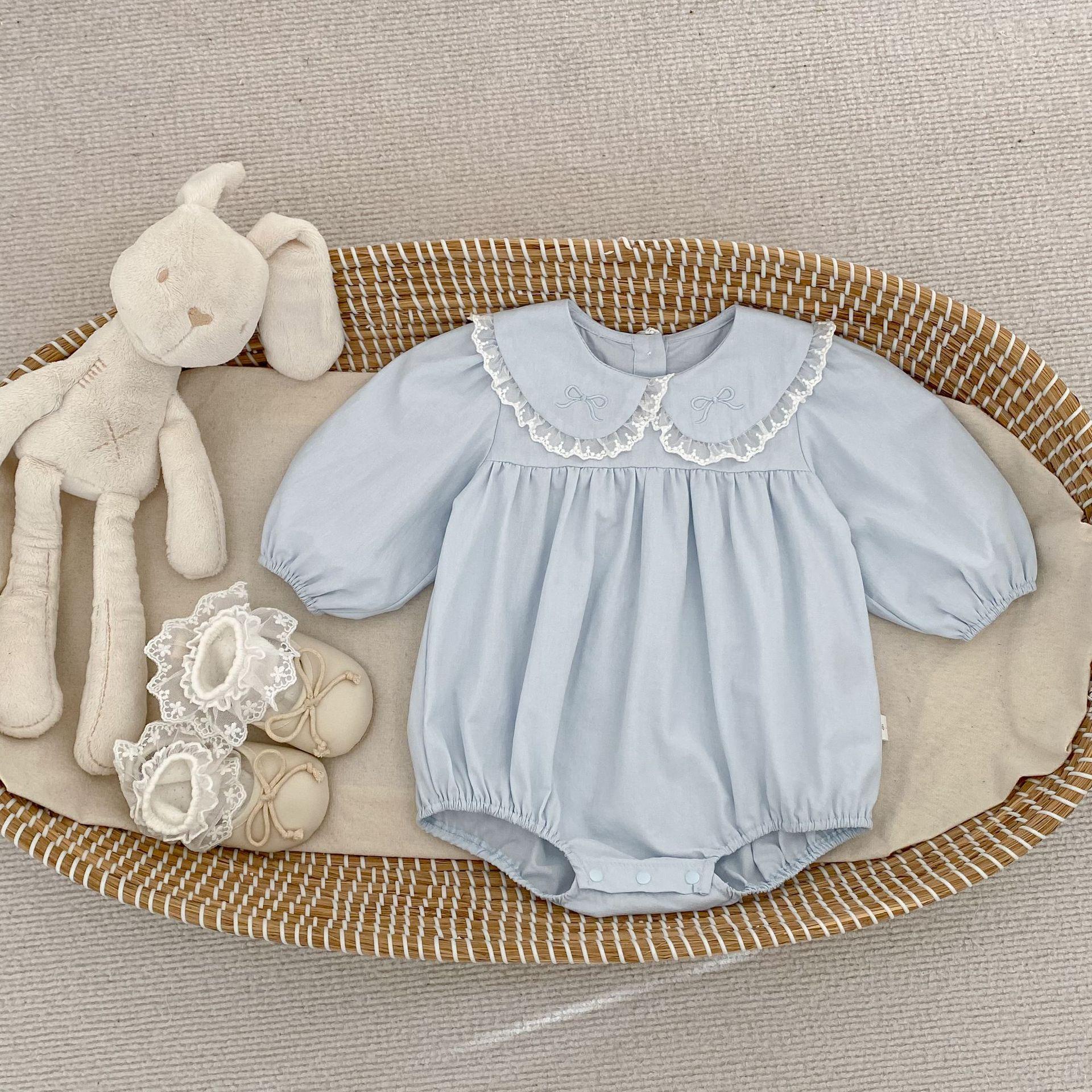 Baby Girl Spring Long Sleeve Romper with Lace Trim and Peter Pan Collar 66