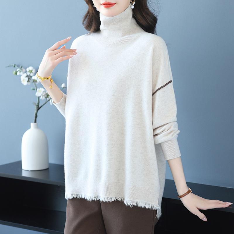 Women's Mid-Length High Neck Wool Sweater with Tassel - Loose Fit, Autumn/Winter Fashion.