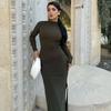 Sexy Mock Neck Side Split Long Dresses Women Slim Elegant Long Sleeved Package Hip Dress Spring Solid Evening Party Robes