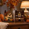 Set of 2 Small Halloween Resin Glowing Miniature House Decorations with Pumpkin Figurines for Shelf Table Centerpiece