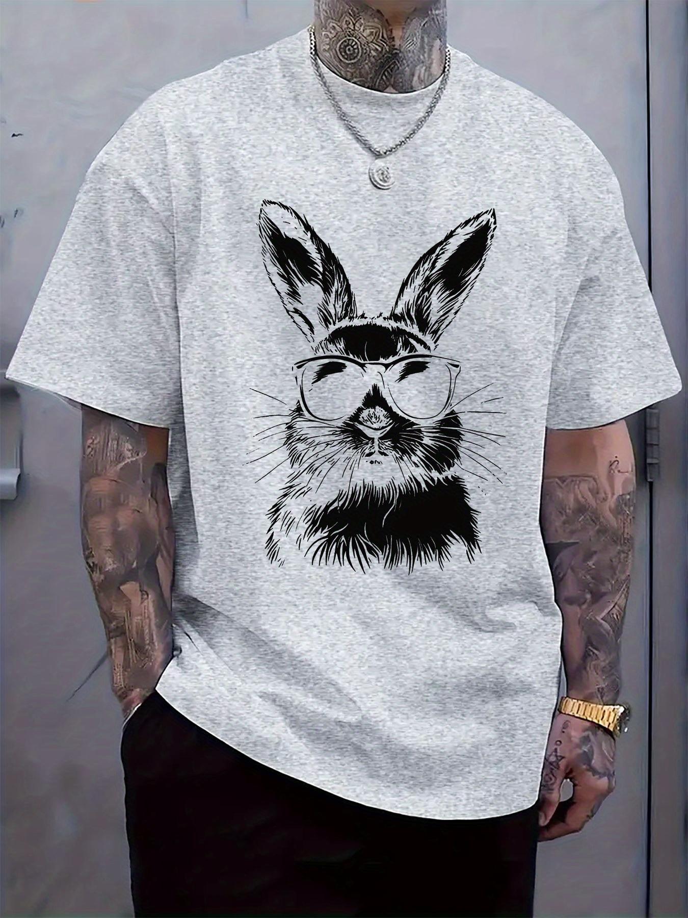 

Casual Short Sleeve T-shirt with Cool Rabbit & Fashion Glasses Graphic Print - Light Grey Regular Fit Summer Tee S