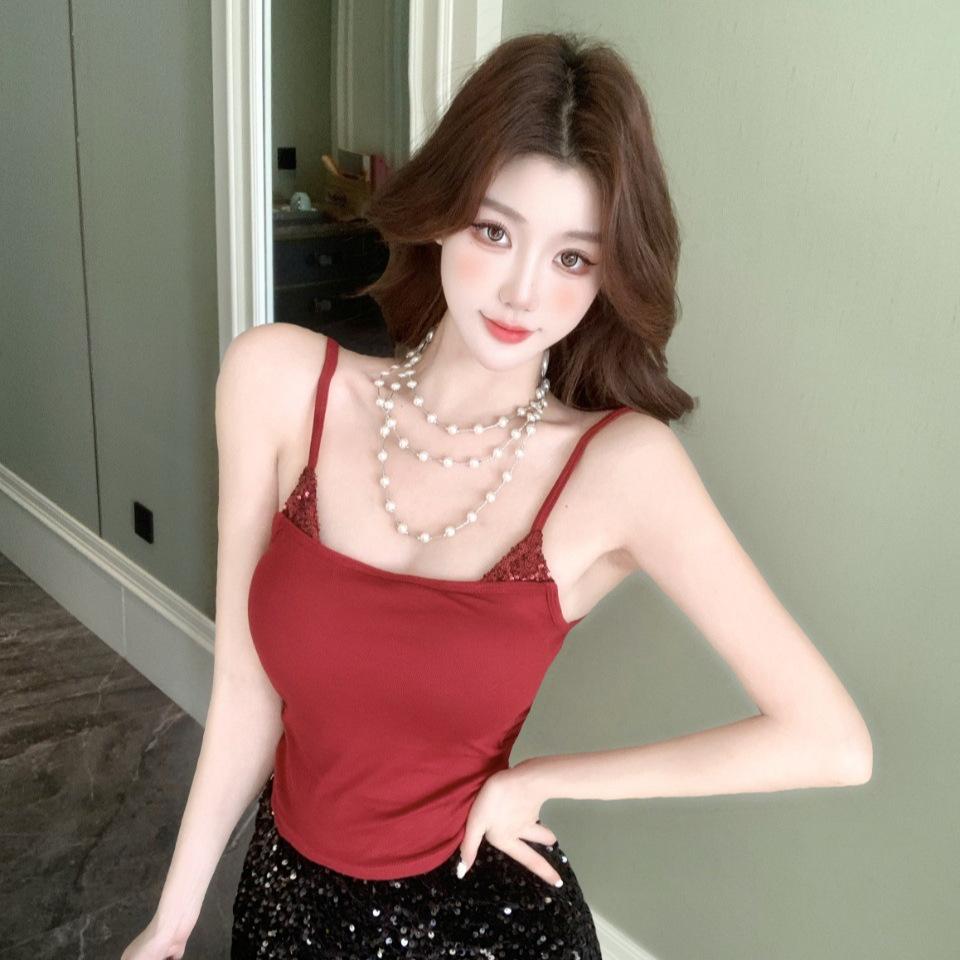 #Summer new Spice Girl style sequined splicing sling vest slim and thin women's fixed chest pad top