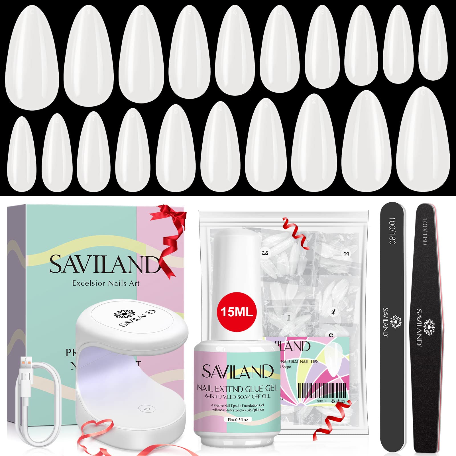

Набір тіпсів для нігтів Saviland, набір з 500 тіпсів, гелю-клею для тіпсів, твердого клею для нігтів та сушарки для нігтів, Розмір 11 для початківців