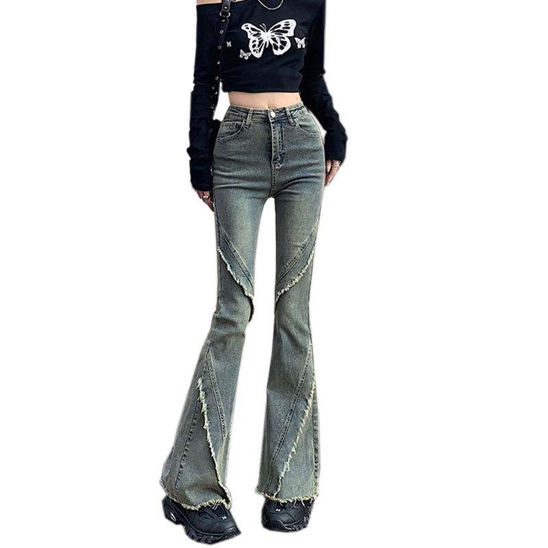 Women's Nostalgic Retro High Waist Slim Fit Patchwork Stretch Frayed Hem Micro Flare Jeans for Spring and Autumn