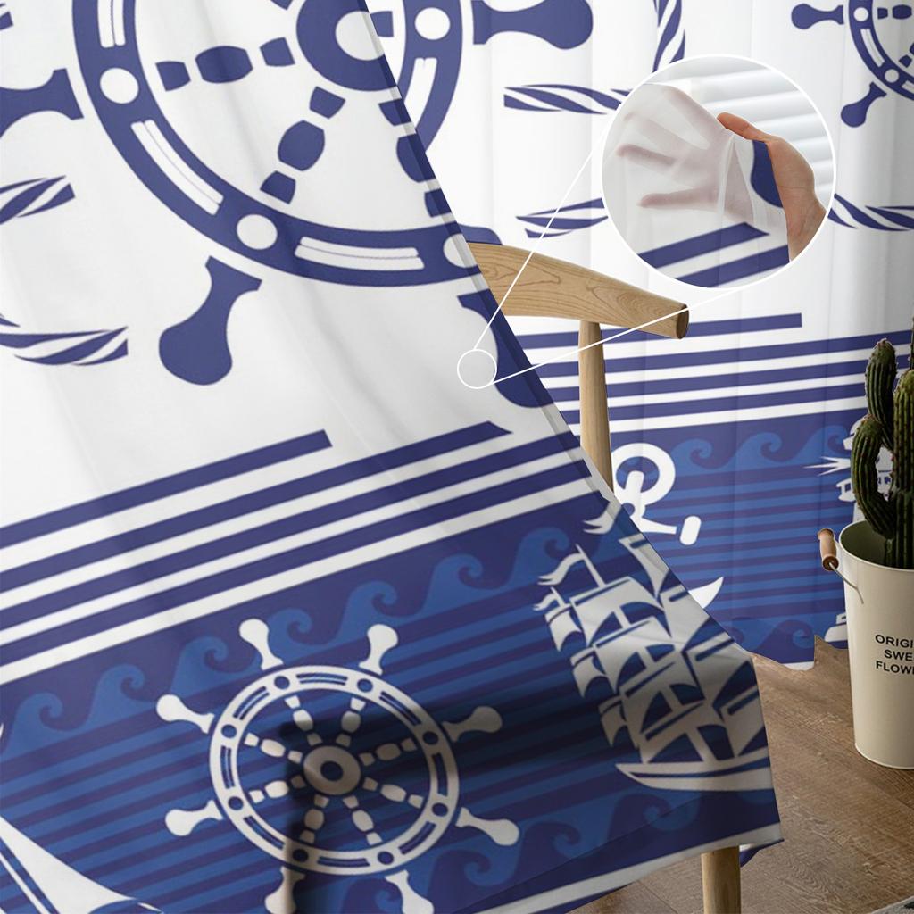 Rudder Anchor Blue Stripes Sheer Curtains for Living Room Decoration Window Curtains for Kitchen Tulle Voile Organza Curtains