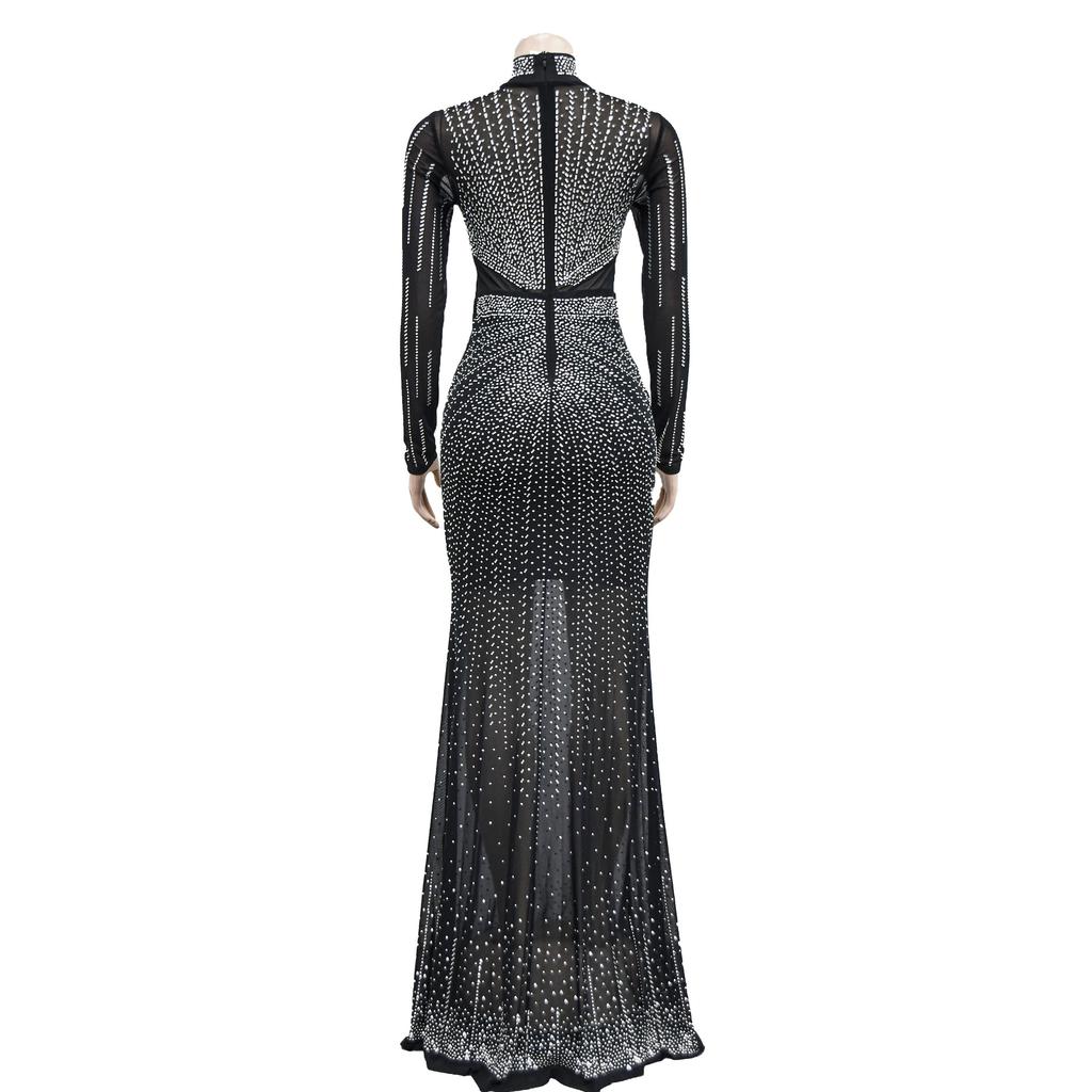 Fashion Women's Dress Solid Colour Mesh Drill Long Sleeve Long Dress
