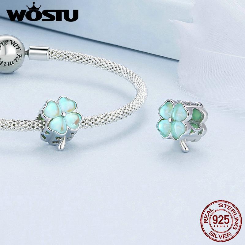 WOSTU 925 Sterling Silver Lovely Pink Clover Charms Peacock Feather Pendant Balloon Bear Bead Fit Original Bracelet DIY Neckalce