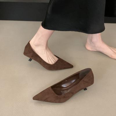 French Pointed Kitten and Black High Heels Women's 2025 New Spring and Autumn Fine Heel Suede Light Mouth Commuter Shoes